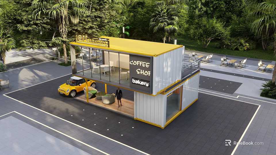 Modern Container Building Design For Coffee Shop And Bakery With Yellow Roof 3d model 
