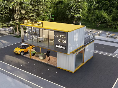 Modern Container Building Design For Coffee Shop And Bakery With Yellow Roof 3d model