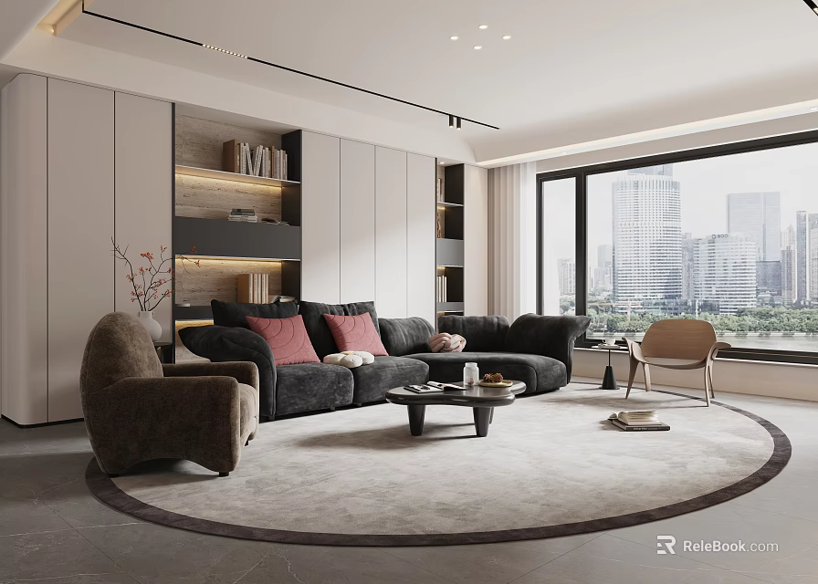 Stylish Cozy Modern Living Room With Floor To Ceiling Window Plush Sofas And Storage Cabinets 3d model 