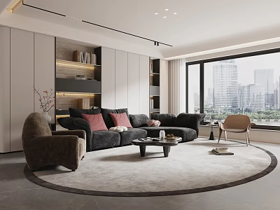 Stylish Cozy Modern Living Room With Floor To Ceiling Window Plush Sofas And Storage Cabinets 3d model