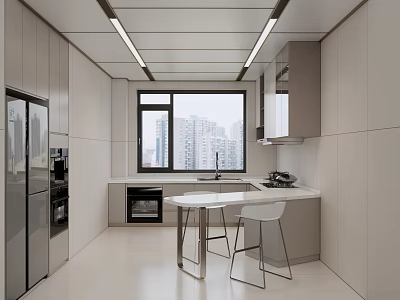 Modern Kitchen With Light Gray Cabinets Large Window City View White Dining Table And Chairs 3d model