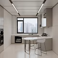 Modern Kitchen With Light Gray Cabinets Large Window City View White Dining Table And Chairs