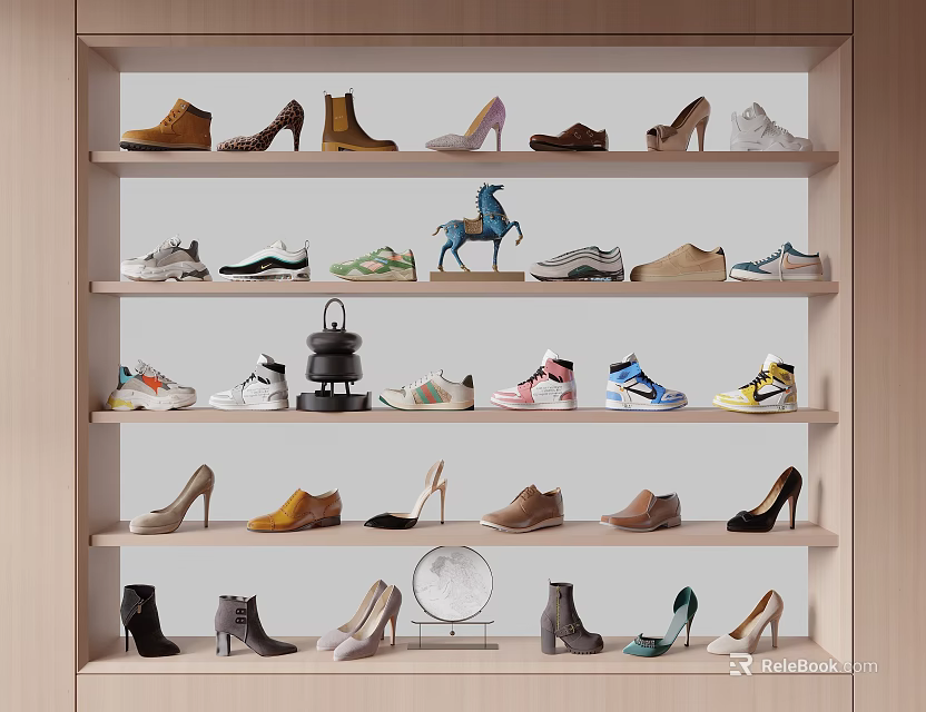 Different Styles of Shoes Displayed on Multi Layer Wooden Shelf with Decorative Items 3d model 