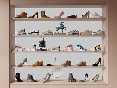 Different Styles of Shoes Displayed on Multi Layer Wooden Shelf with Decorative Items 3d model