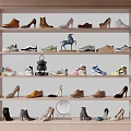 Different Styles of Shoes Displayed on Multi Layer Wooden Shelf with Decorative Items
