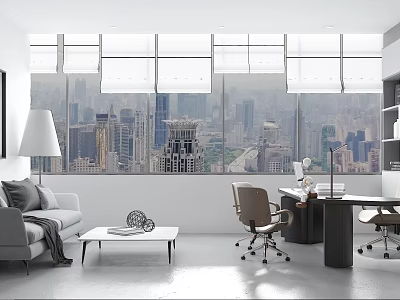Modern Office Interior With Large Windows City Skyline Sofa Desk And Chairs 3d model