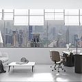 Modern Office Interior With Large Windows City Skyline Sofa Desk And Chairs