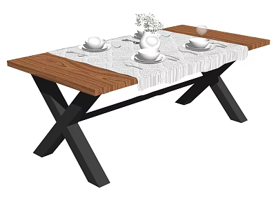 Modern Dining Table With Wooden Tabletop Black Cross Legs White Tableware And Decorative Bouquet 3d model