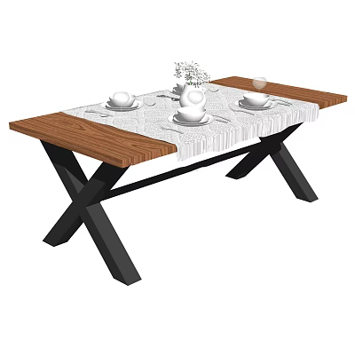 Modern Dining Table With Wooden Tabletop Black Cross Legs White Tableware And Decorative Bouquet 3d model