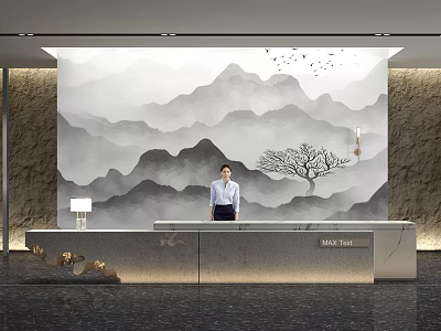 Elegant Front Desk Reception With Mountain Landscape Backdrop Marble Counter Receptionist Decorative Tree And Birds 3d model