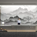 Elegant Front Desk Reception With Mountain Landscape Backdrop Marble Counter Receptionist Decorative Tree And Birds
