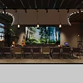 Cozy Bar Interior Featuring Large Forest Scene Screen Hanging Lights Guitar Tables Chairs Potted Plants