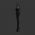 Woman in Black Tight Fitting Outfit with Long Gloves and High Heels against Gray Background