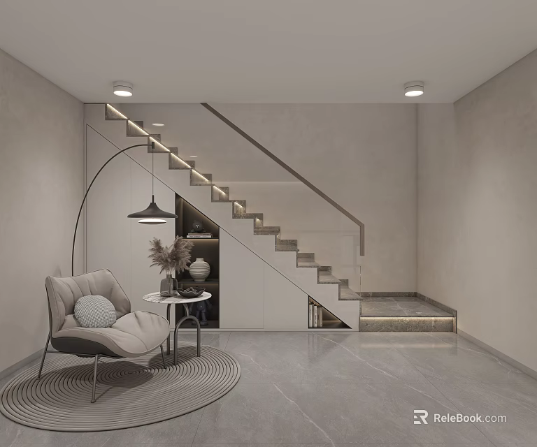 Modern Minimalist Living Dining Room With Accent Chair Round Table Floor Lamp Staircase LED Lights 3d model 