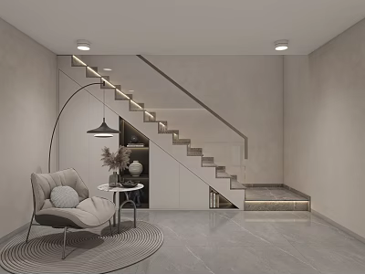 Modern Minimalist Living Dining Room With Accent Chair Round Table Floor Lamp Staircase LED Lights 3d model