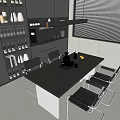 Modern Dining Table Set With Wooden Top Black Chairs Metal Frames And Wine Cabinet