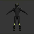 Game and Movie Character Wearing Black Bodysuit with Blue Yellow Helmet and Yellow Knee Pads