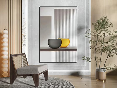 Modern Interior Decor With Framed Art Shelf Bowls Chair And Potted Plant 3d model