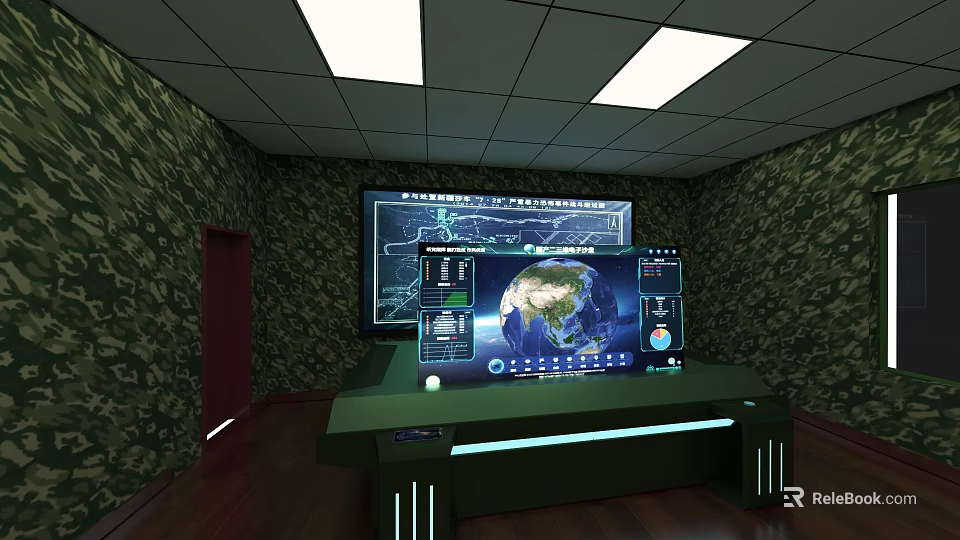 Modern Reading Room with Green Walls Multiple Screens Earth Image and Console Desk 3d model 