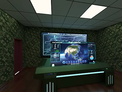 Modern Reading Room with Green Walls Multiple Screens Earth Image and Console Desk 3d model