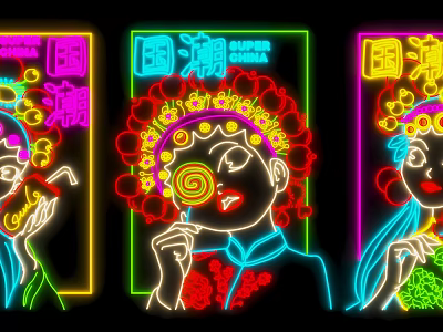 Chinese Style Neon Decorative Lights With National Trend Character Design And Bright Colors 3d model