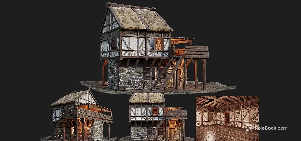 Traditional Ancient Building With Thatched Roof Wooden Frame Stone Walls Balcony Staircase And Interior Structure 3d model 