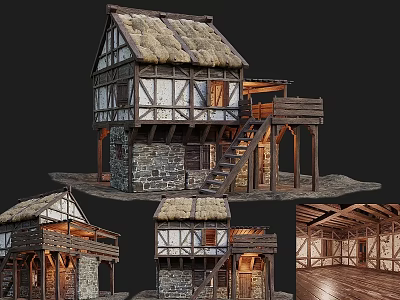 Traditional Ancient Building With Thatched Roof Wooden Frame Stone Walls Balcony Staircase And Interior Structure 3d model