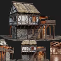 Traditional Ancient Building With Thatched Roof Wooden Frame Stone Walls Balcony Staircase And Interior Structure