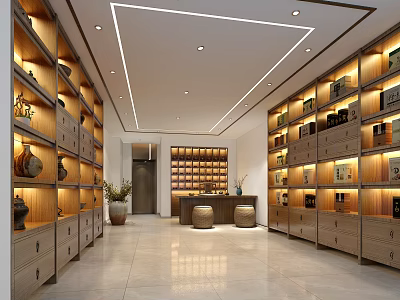 Specialty Store Interior With Wooden Shelves Displaying Various Neatly Arranged Items And Spacious Bright Design 3d model