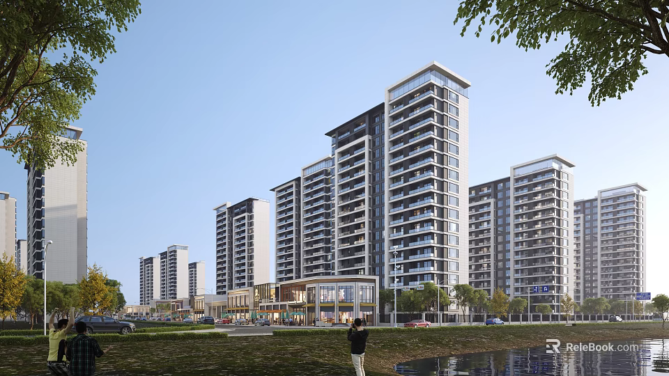 Modern Commercial Street With High Rise Residential Buildings Riverside Greenery And Scenic Road 3d model 