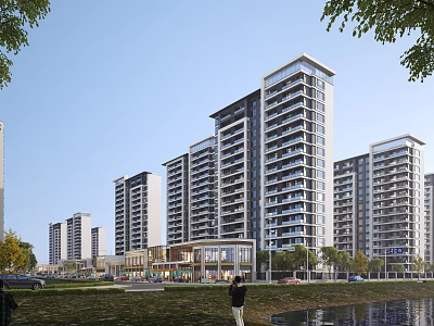 Modern Commercial Street With High Rise Residential Buildings Riverside Greenery And Scenic Road 3d model