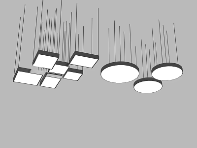 Modern Interior Design With Multiple Hanging Square and Round Pendant Lights 3d model