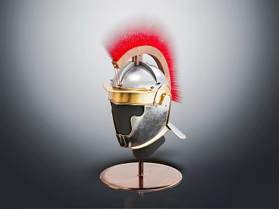 Antique Roman Helmet With Red Feather Crest On Brass Stand 3d model