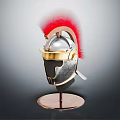 Antique Roman Helmet With Red Feather Crest On Brass Stand