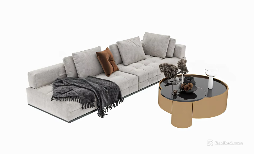 Gray L Casual Sofa Set With Brown Pillow Blanket And Black Gold Coffee Table 3d model 