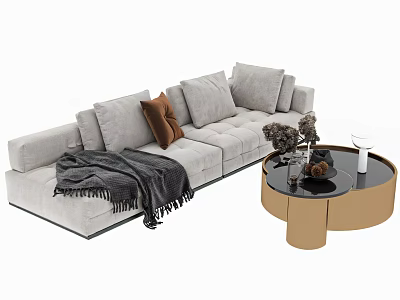 Gray L Casual Sofa Set With Brown Pillow Blanket And Black Gold Coffee Table 3d model
