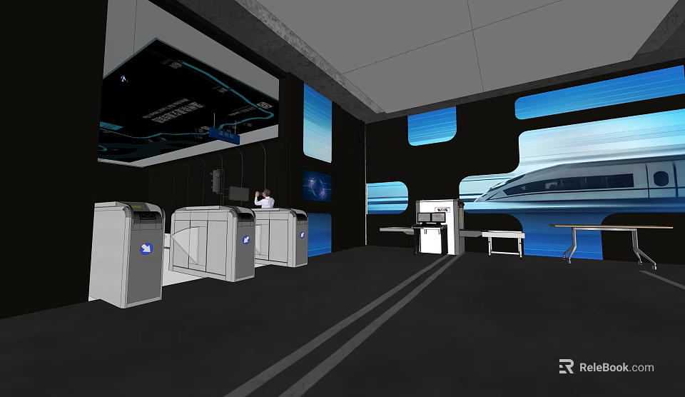 Modern Transportation Hub Interior With Ticket Gates Digital Screens And High Speed Train 3d model