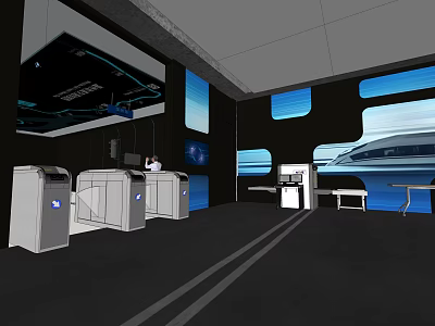 Modern Transportation Hub Interior With Ticket Gates Digital Screens And High Speed Train 3d model