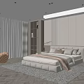 Modern Bedroom Interior With Large Bed Bedhead Wall Circular Pendant Light And Striped Chair
