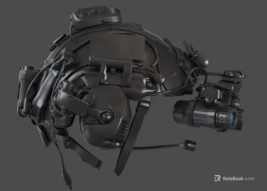 Futuristic Mechanical Helmet With Black Metallic Surface And Integrated Camera Tech Gear 3d model 