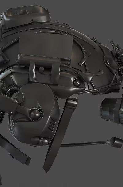 Futuristic Mechanical Helmet With Black Metallic Surface And Integrated Camera Tech Gear 3d model
