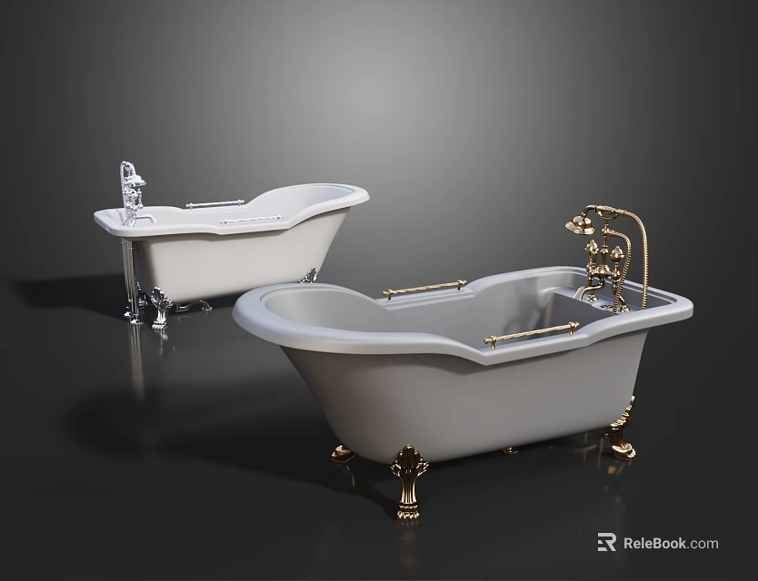 Vintage Freestanding Bathtubs With Gold Faucets And Brass Claw Feet Design 3d model 