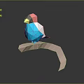 Low Poly Red White Blue Bird Perched on Branch with Dark Background 3d model