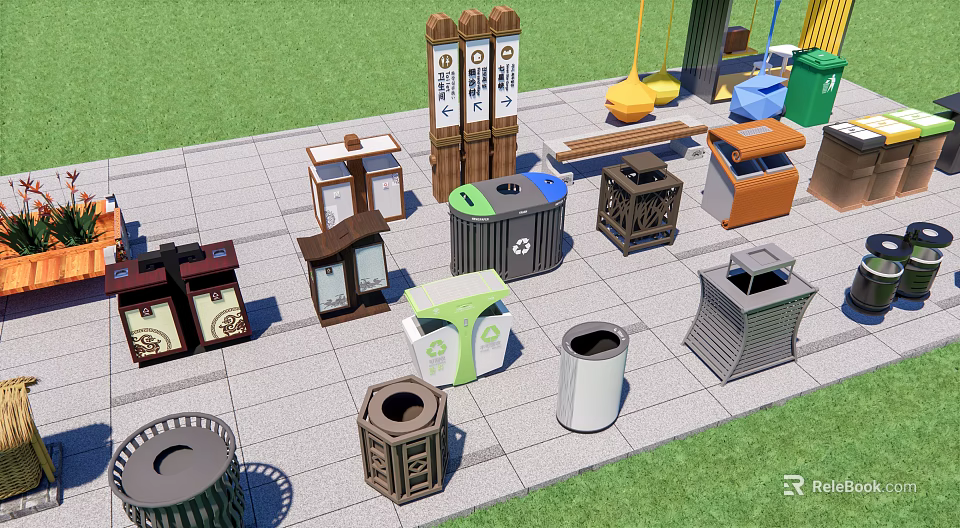 Public Facilities Area Featuring Various Trash Bins Recycling Containers Benches And Swings 3d model 