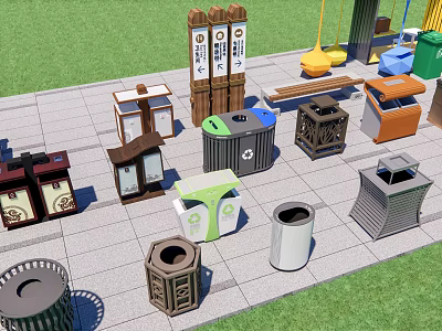 Public Facilities Area Featuring Various Trash Bins Recycling Containers Benches And Swings 3d model