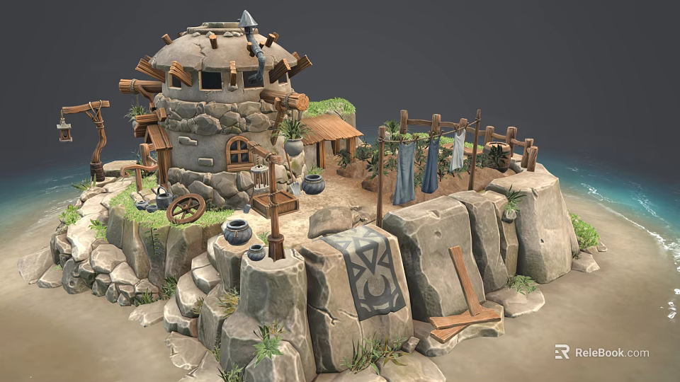 Vibrant Cartoon Seaside Stone Hut Scene With Rocks Hanging Clothes Barrels Wagon Wheel and Shed 3d model 