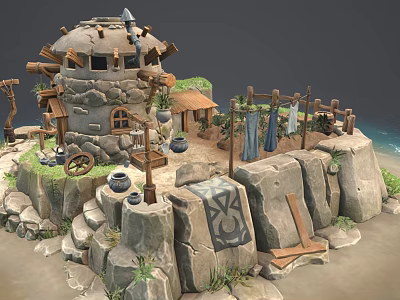 Vibrant Cartoon Seaside Stone Hut Scene With Rocks Hanging Clothes Barrels Wagon Wheel and Shed 3d model