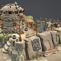 Vibrant Cartoon Seaside Stone Hut Scene With Rocks Hanging Clothes Barrels Wagon Wheel and Shed