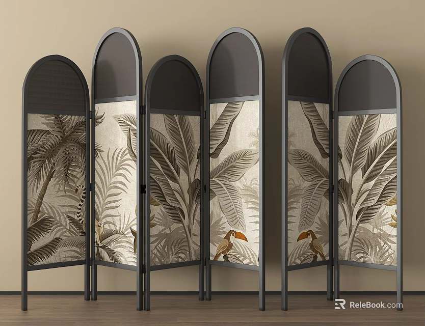 Tropical Leaf Pattern Room Divider With Black Arched Frame And Woven Panels 3d model