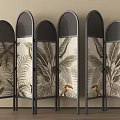 Tropical Leaf Pattern Room Divider With Black Arched Frame And Woven Panels 3d model
